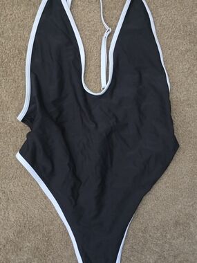 Classic Black One-Piece Swimsuit with White Trim High Wasted Thong